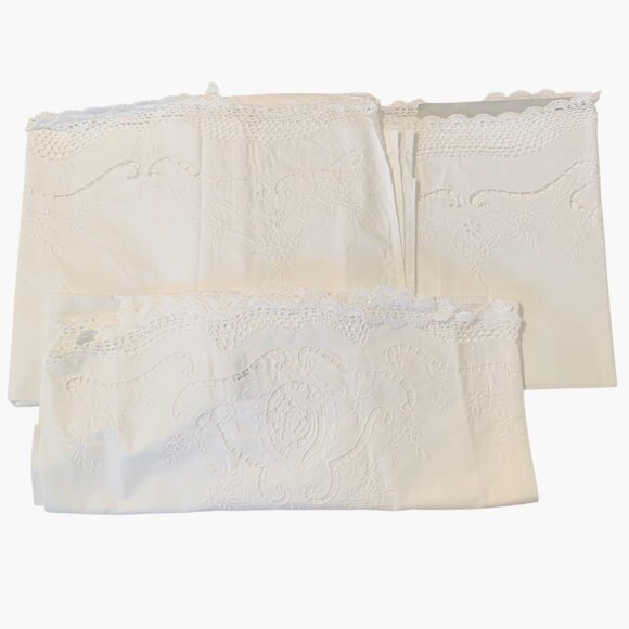VTG NEW KEECO Sheets Hand-Embroidered White 3 Piece Set Sz Full Cottagecore 87' - Picture 5 of 13